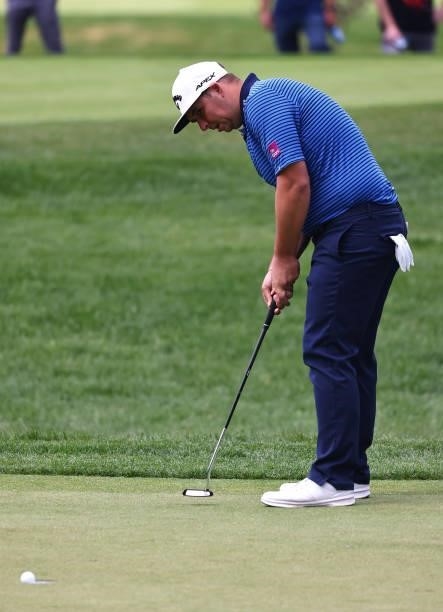 Marcus Armitage of England putts on the 14th hole during Day Three of The Porsche European Open at Green Eagle Golf Course on June 07, 2021 in...