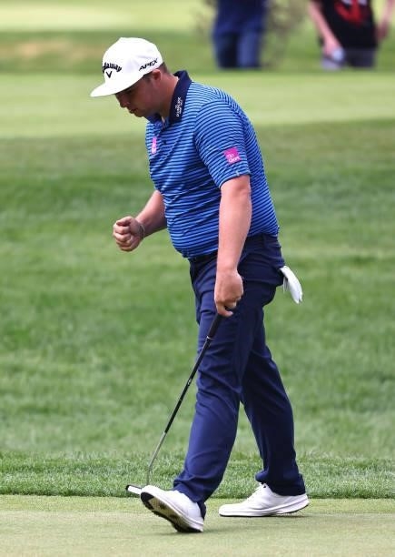 Marcus Armitage of England reacts to his putt on the 14th hole during Day Three of The Porsche European Open at Green Eagle Golf Course on June 07,...