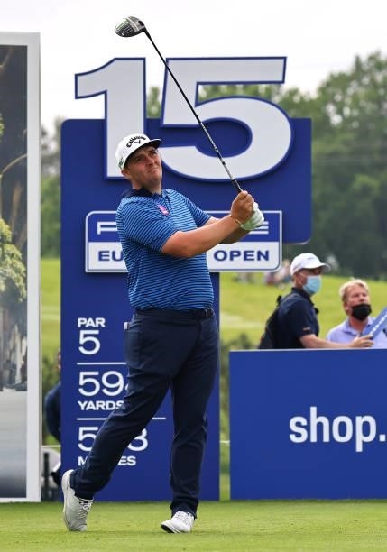 Marcus Armitage of England tees off on the 15th hole during Day Three of The Porsche European Open at Green Eagle Golf Course on June 07, 2021 in...