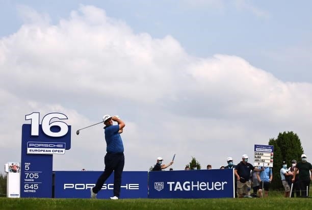 Marcus Armitage of England tees off on the 16th hole during Day Three of The Porsche European Open at Green Eagle Golf Course on June 07, 2021 in...