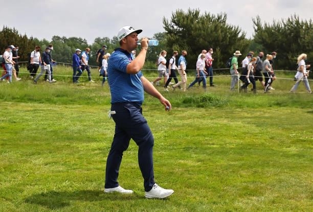 Marcus Armitage of England walks down the 16th hole during Day Three of The Porsche European Open at Green Eagle Golf Course on June 07, 2021 in...