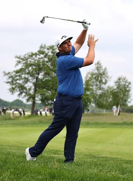 Marcus Armitage of England plays his third shot on the 16th hole during Day Three of The Porsche European Open at Green Eagle Golf Course on June 07,...