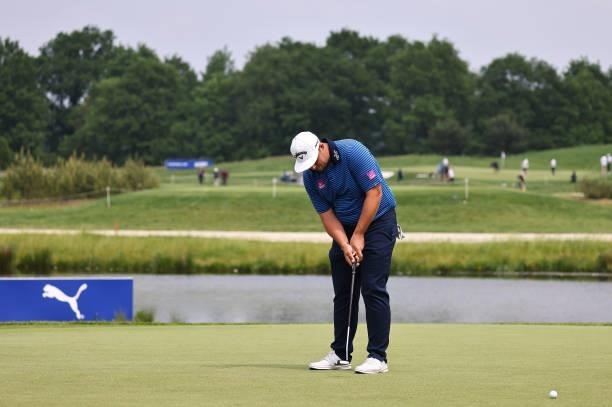 Marcus Armitage of England putts on the 16th hole during Day Three of The Porsche European Open at Green Eagle Golf Course on June 07, 2021 in...