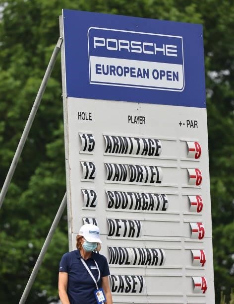General view of a greenside leaderboard during Day Three of The Porsche European Open at Green Eagle Golf Course on June 07, 2021 in Hamburg, Germany.