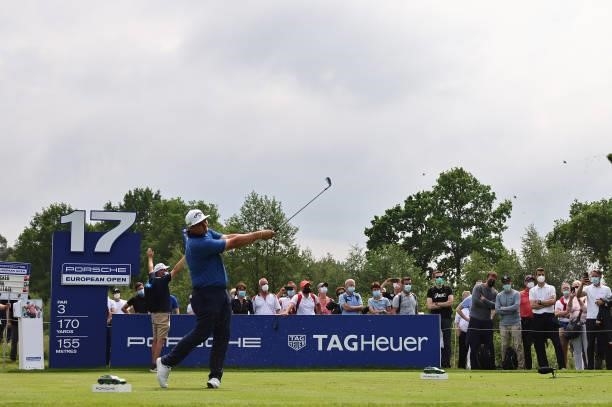 Marcus Armitage of England tees off on the 17th hole during Day Three of The Porsche European Open at Green Eagle Golf Course on June 07, 2021 in...