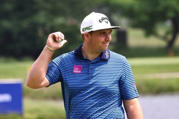 Marcus Armitage of England reacts on the 17th green during Day Three of The Porsche European Open at Green Eagle Golf Course on June 07, 2021 in...