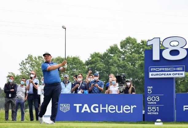 Marcus Armitage of England tees off on the 18th hole during Day Three of The Porsche European Open at Green Eagle Golf Course on June 07, 2021 in...