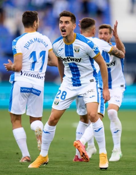 Javi Hernandez of CD Leganes celebrates their side's first goal during the Liga Smartbank Playoffs match between CD Leganes and Rayo Vallecano at...