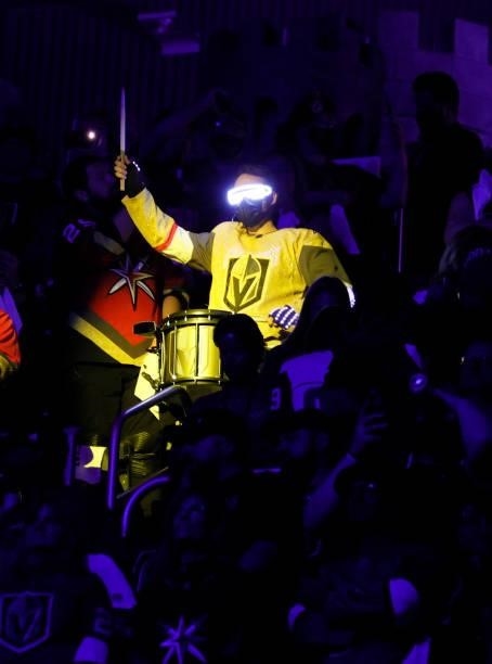 Member of the Vegas Golden Knights Knight Line Drumbots performs in the stands before Game Four of the Second Round of the 2021 Stanley Cup Playoffs...