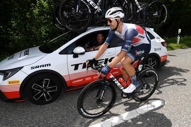 Edward Theuns of Belgium and Team Trek - Segafredo & Grégory Rast of Switzerland Sports director during the 84th Tour de Suisse 2021, Stage 2 a 178km...
