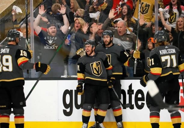 Reilly Smith, Jonathan Marchessault, Nicolas Roy and William Karlsson of the Vegas Golden Knights celebrate Marchessault's second-period power-play...