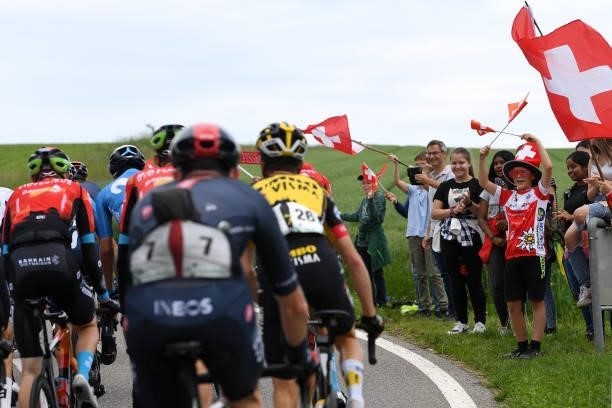 Swiss fans & The peloton during the 84th Tour de Suisse 2021, Stage 2 a 178km stage from Neuhausen am Rheinfall to Lachen / Public / Flag /...