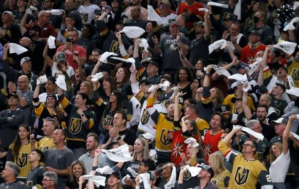 Fans react after video reviews showed a good third-period goal by Patrick Brown of the Vegas Golden Knights against the Colorado Avalanche in Game...