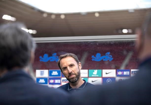 Gareth Southgate, Manager of England speaks to the media following the international friendly match between England and Romania at Riverside Stadium...