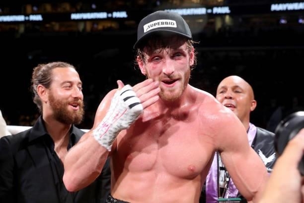 Logan Paul reacts after his exhibition boxing match against Floyd Mayweather at Hard Rock Stadium on June 06, 2021 in Miami Gardens, Florida.