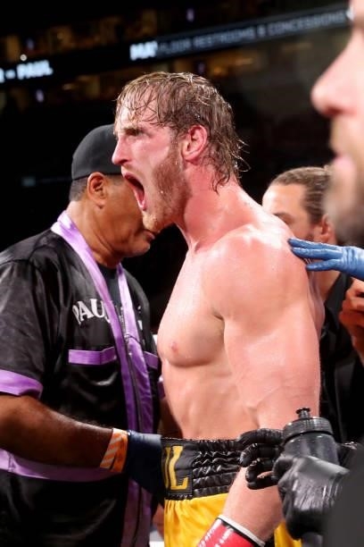 Logan Paul reacts during his exhibition boxing match against Floyd Mayweather at Hard Rock Stadium on June 06, 2021 in Miami Gardens, Florida.