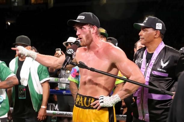 Logan Paul speaks after his exhibition boxing match against Floyd Mayweather at Hard Rock Stadium on June 06, 2021 in Miami Gardens, Florida.