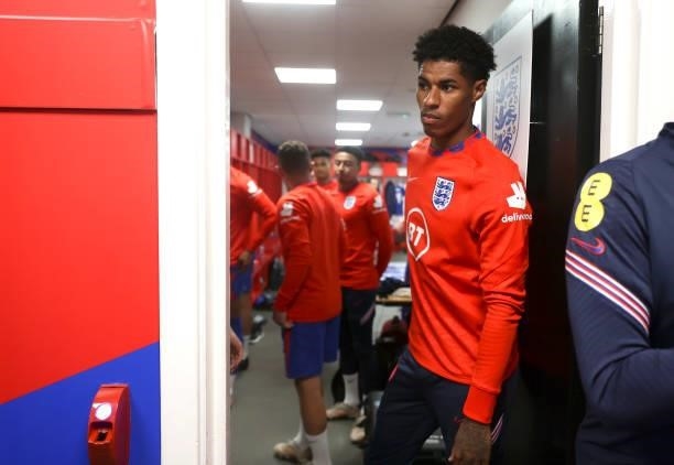 Marcus Rashford of England looks on from the dressing room prior to the international friendly match between England and Romania at Riverside Stadium...