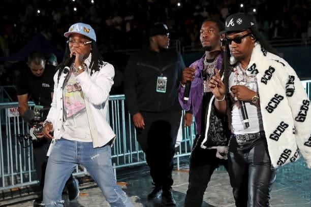 Quavo, Offset, and Takeoff of Migos perform during the exhibition boxing match between Floyd Mayweather and Logan Paul at Hard Rock Stadium on June...