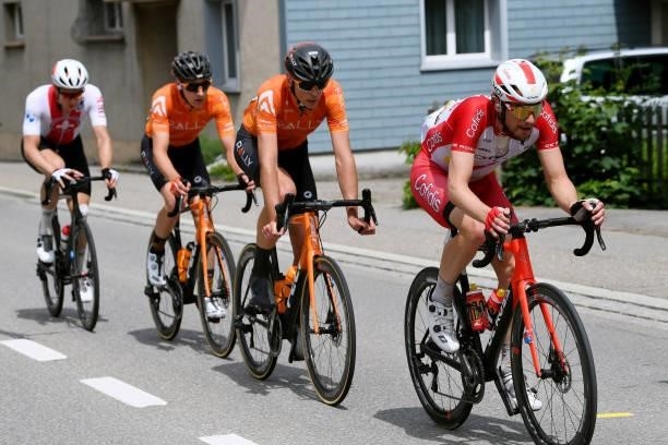 Christophe Laporte of France and Team Cofidis. Matteo Dal-Cin of Canada and Team Rally Cycling, Nick Zukowsky of Canada and Team Rally Cycling &...