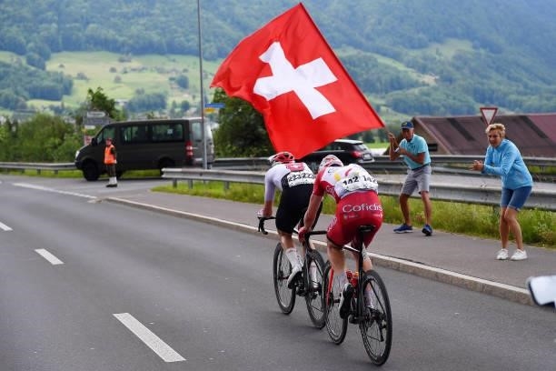 Claudio Imhof of Switzerland and Team Switzerland & Tom Bohli of Switzerland and Team Cofidis in breakaway during the 84th Tour de Suisse 2021, Stage...