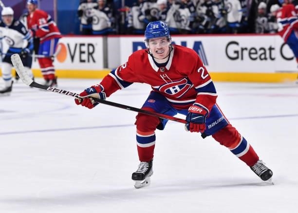 Cole Caufield of the Montreal Canadiens skates against the Winnipeg Jets during the second period in Game Three of the Second Round of the 2021...