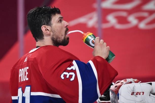 Goaltender Carey Price of the Montreal Canadiens goes through his pre-game ritual against the Winnipeg Jets in Game Three of the Second Round of the...