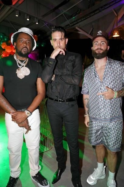 Conway, G-Eazy, and Caleb Plant attend the exhibition boxing match between Floyd Mayweather and Logan Paul at Hard Rock Stadium on June 06, 2021 in...