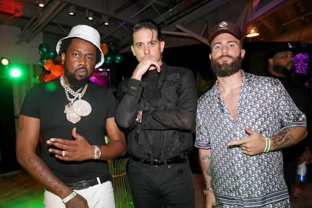 Conway, G-Eazy, and Caleb Plant attend the exhibition boxing match between Floyd Mayweather and Logan Paul at Hard Rock Stadium on June 06, 2021 in...