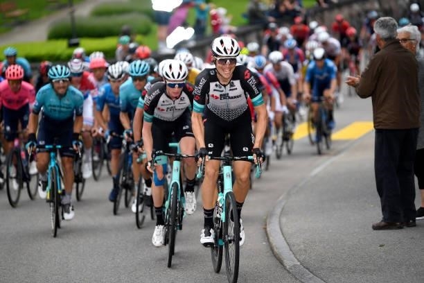 Amund Grøndahl Jansen of Norway & Lucas Hamilton of Australia and Team BikeExchange leads The Peloton during the 84th Tour de Suisse 2021, Stage 2 a...