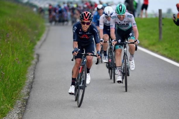 Richard Carapaz of Ecuador and Team INEOS Grenadiers & Maximilian Schachmann of Germany and Team Bora - Hansgrohe in breakaway during the 84th Tour...
