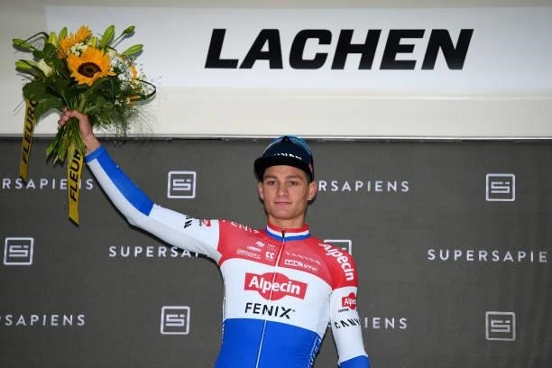 Mathieu Van Der Poel of Netherlands and Team Alpecin-Fenix stage winner celebrates at podium during the 84th Tour de Suisse 2021, Stage 2 a 178km...