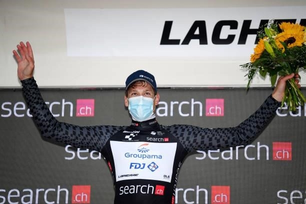 Stefan Küng of Switzerland and Team Groupama - FDJ Black Points Jersey celebrates at podium during the 84th Tour de Suisse 2021, Stage 2 a 178km...