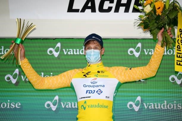 Stefan Küng of Switzerland and Team Groupama - FDJ Yellow Leader Jersey celebrates at podium during the 84th Tour de Suisse 2021, Stage 2 a 178km...