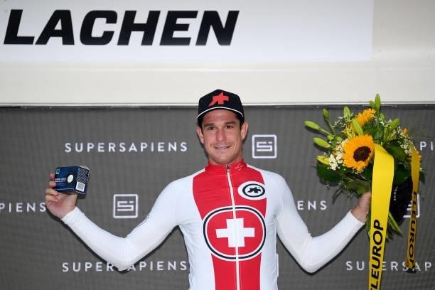 Claudio Imhof of Switzerland and Team Switzerland Most Combative Rider celebrates at podium during the 84th Tour de Suisse 2021, Stage 2 a 178km...