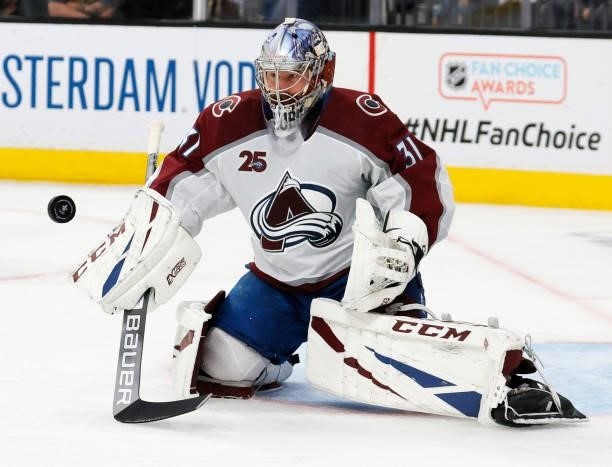 Philipp Grubauer of the Colorado Avalanche makes a save against the Vegas Golden Knights in the second period in Game Four of the Second Round of the...