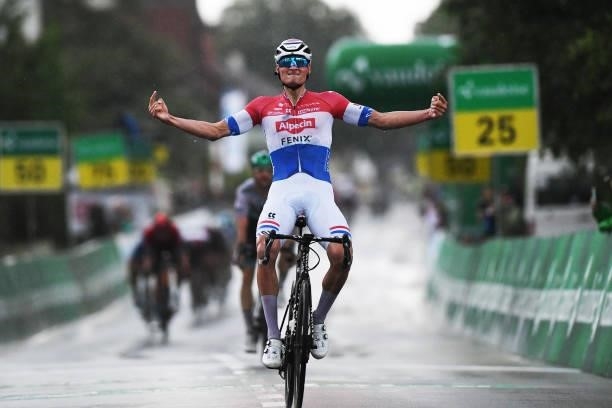 Mathieu Van Der Poel of Netherlands and Team Alpecin-Fenix stage winner celebrates at arrival during the 84th Tour de Suisse 2021, Stage 2 a 178km...