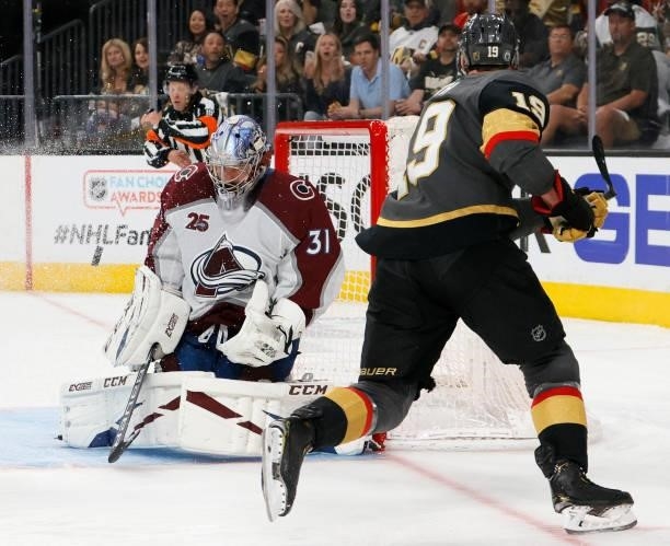 Philipp Grubauer of the Colorado Avalanche blocks a shot by Reilly Smith of the Vegas Golden Knights in the second period in Game Four of the Second...