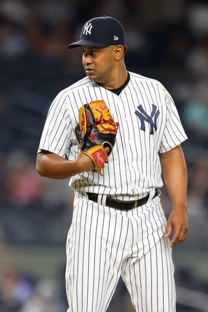 Wandy Peralta of the New York Yankees in action against the Boston Red Sox during a game at Yankee Stadium on June 5, 2021 in New York City.