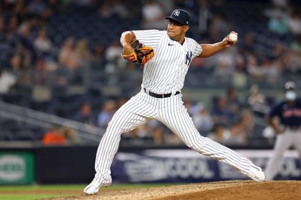 Wandy Peralta of the New York Yankees in action against the Boston Red Sox during a game at Yankee Stadium on June 5, 2021 in New York City.