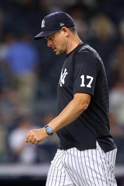 Manager Aaron Boone of the New York Yankees in action against the Boston Red Sox during a game at Yankee Stadium on June 5, 2021 in New York City.
