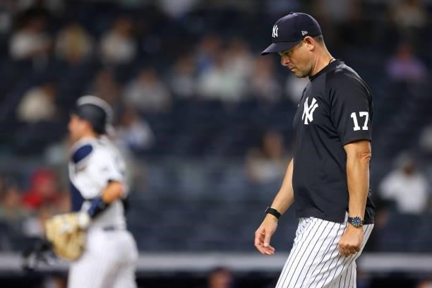Manager Aaron Boone of the New York Yankees in action against the Boston Red Sox during a game at Yankee Stadium on June 5, 2021 in New York City.