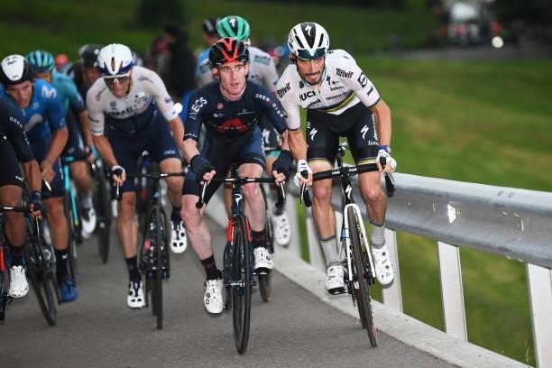 Eddie Dunbar of Ireland and Team INEOS Grenadiers & Julian Alaphilippe of France and Team Deceuninck - Quick-Step attack in breakaway during the 84th...