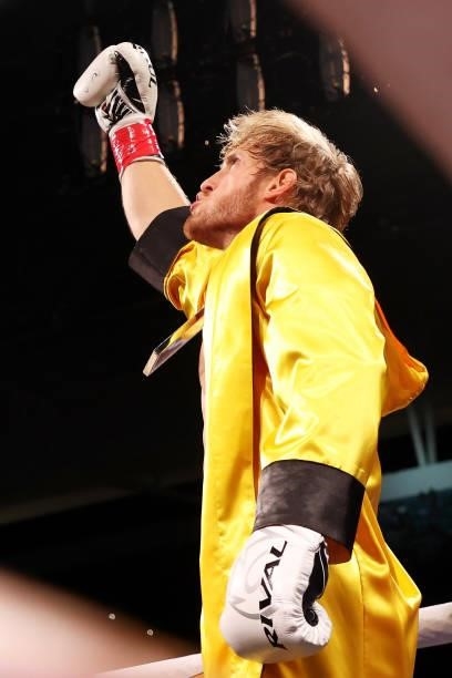 Logan Paul enters the ring for his contracted exhibition boxing match against Floyd Mayweather at Hard Rock Stadium on June 06, 2021 in Miami...