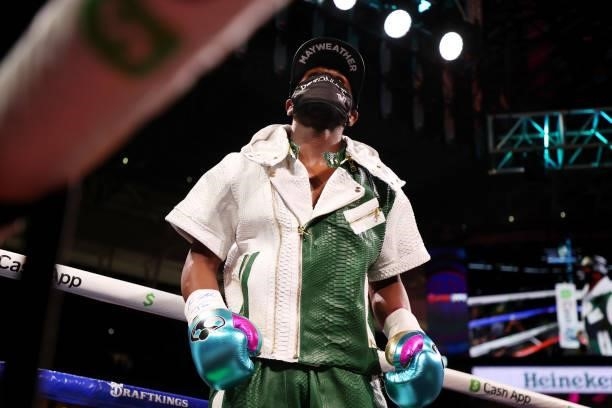 Floyd Mayweather enters the ring for his contracted exhibition boxing match against Logan Paul at Hard Rock Stadium on June 06, 2021 in Miami...