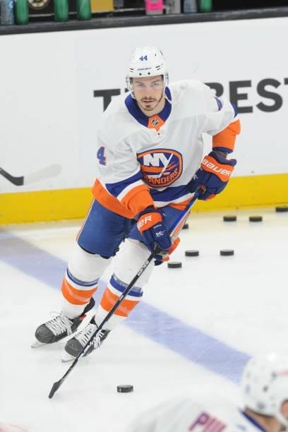 Jean-Gabriel Pageau the New York Islanders warms up before the game against the Boston Bruins in Game Five of the Second Round of the 2021 Stanley...