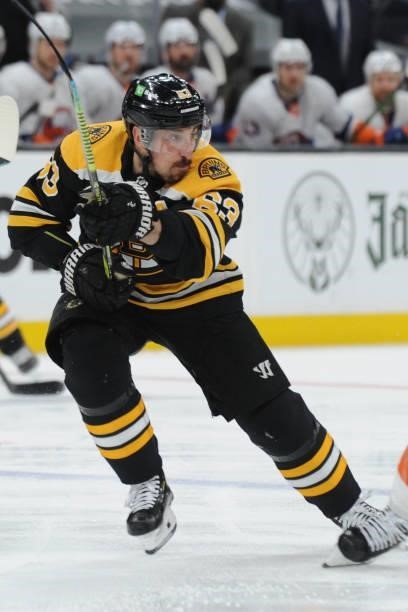 Brad Marchand of the Boston Bruins skates against the New York Islanders in Game Five of the Second Round of the 2021 Stanley Cup Playoffs at the TD...