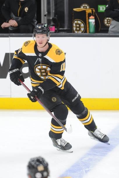Trent Frederic of the Boston Bruins warms up before the game against the New York Islanders in Game Five of the Second Round of the 2021 Stanley Cup...