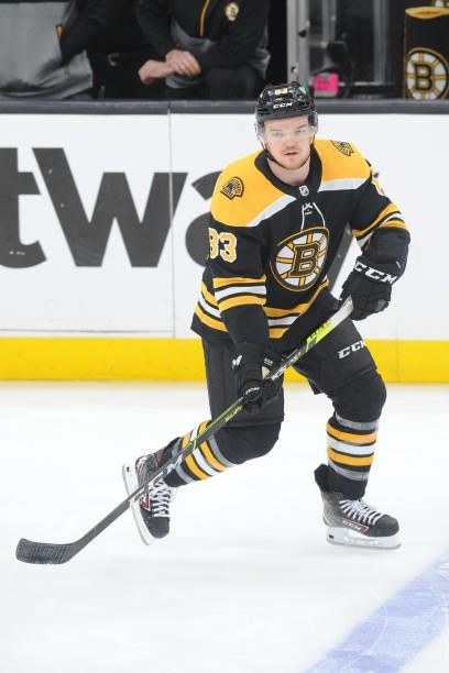 Karson Kuhlman of the Boston Bruins warms up before the game against the New York Islanders in Game Five of the Second Round of the 2021 Stanley Cup...