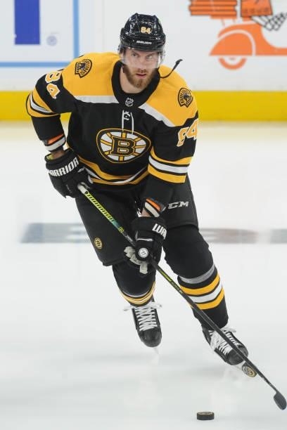 Jarred Tinordi of the Boston Bruins warms up before the game against the New York Islanders in Game Five of the Second Round of the 2021 Stanley Cup...